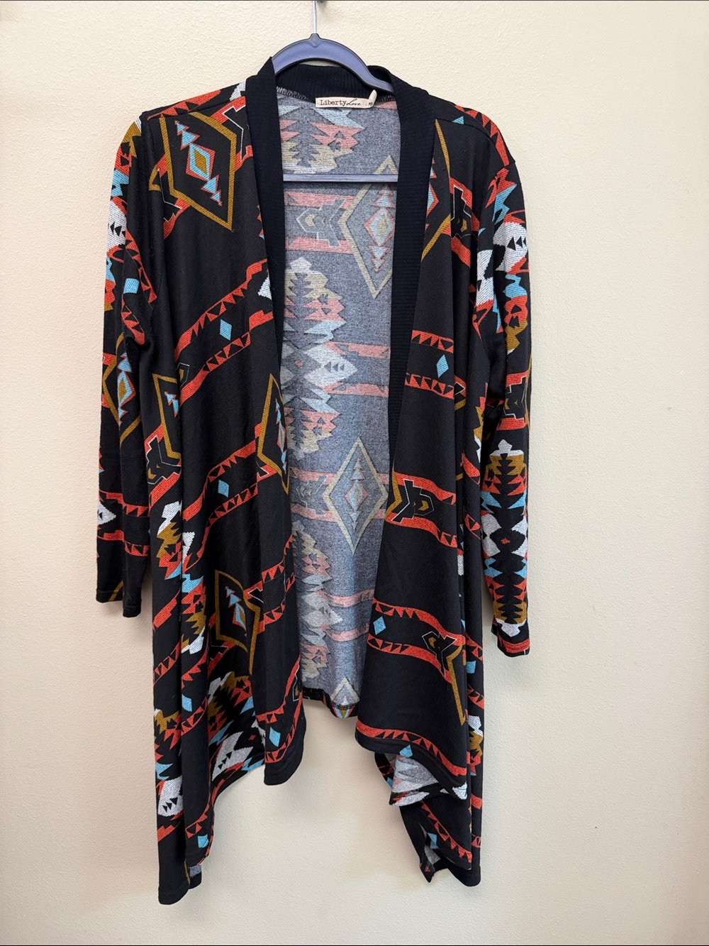 Liberty Love Black Aztec Open-Front Cardigan with Rust & Teal Accents
